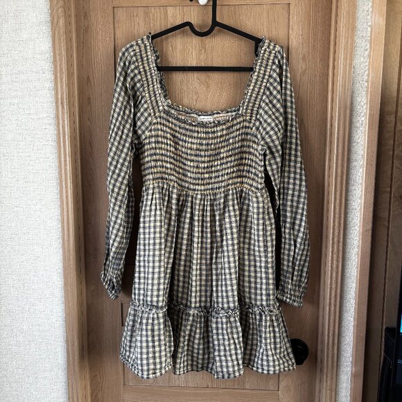 American Eagle Puff Sleeve Ruched Mini Dress Plaid Cottagecore Farm Prairie S - Picture 2 of 5